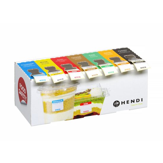 Set de etichete reutilizabile pentru siguranta alimentelor pentru fiecare zi a sapatamanii cu dispenser Hendi, EN/PL/RU, 240x80x(H)100mm