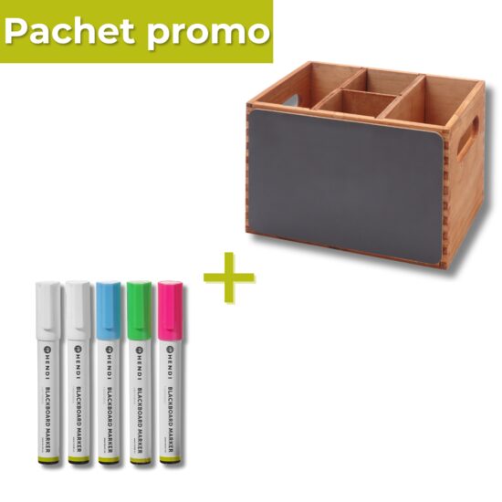 Pachet Suport tacamuri lemn cu tabla + Set 5 markere colorate