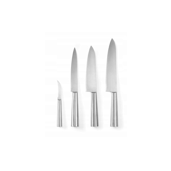 Set 4 cutite profesionale din inox, Hendi, cutite inluse: bucatarului 37 cm si 33 cm, sunca 33 cm, decojire 19 cm