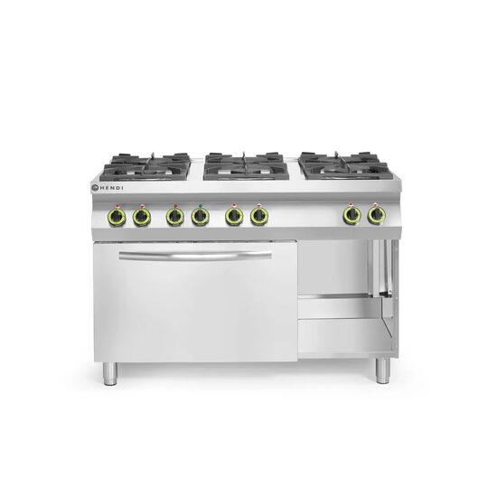 Aragaz profesional pe gaz Hendi Kitchen Line cu 6 arzatoare cu cuptor electric cu convectie GN 1/1 Inox 28.5 kW 1200x700x(H)900 mm