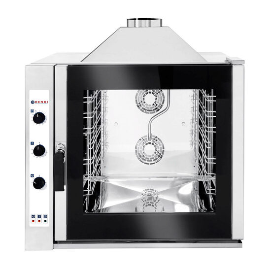 Cuptor profesional pe gaz, convectie combi HENDI, capacitate 7 tavi x GN 1/1, putere gaz 13 kW, 2 elemente incalzire, 2 ventilatoare reversibile, termostat reglabil, 100 -260 gr C, timer 0 - 120 min, 935x978x(H)1068 mm