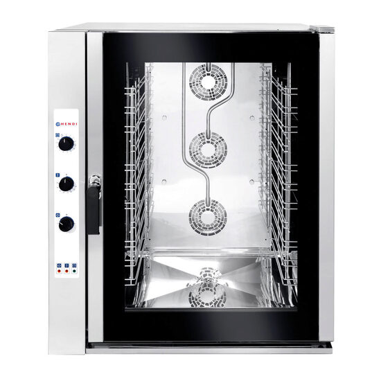 Cuptor profesional convectie cu umidificare, HENDI, capacitate tavi 11 x GN 1/1, 2 elemente incalzire, 3 ventilatoare reversibile, termostat reglabil, 50-275 gr C, timer 0 - 120 min, 16000 W, 935x930x(H)1150 mm