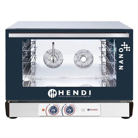 Cuptor convectie cu umidificare, HENDI NANO, capacitate 4 tavi 600x400 mm, 2 elemente incalzire, 2 ventilatoare reversibile, termostat reglabil, 50-285 gr C, timer 0 - 120 min, 6300 W, 750x691x(H)552 mm