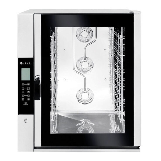 Cuptor profesional convectie cu umidificare HENDI, capacitate 11 tavi x GN 1/1, 2 elemente incalzire, 3 ventilatoare reversibile, control touch, termostat reglabil, 30 - 260 gr C, timer 0 - 120 min, 16000 W, 935x978x(H)1389 mm