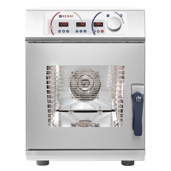 Cuptor convectie cu umidificare, compact HENDI NANO, 2 elemente incalzire, 1 ventilator reversibil, termostat reglabil, 50-260 gr C, timer 0 - 120 min, cu sonda si sistem de spalare, 6 tavi x GN 1/1, putere 7000 kW