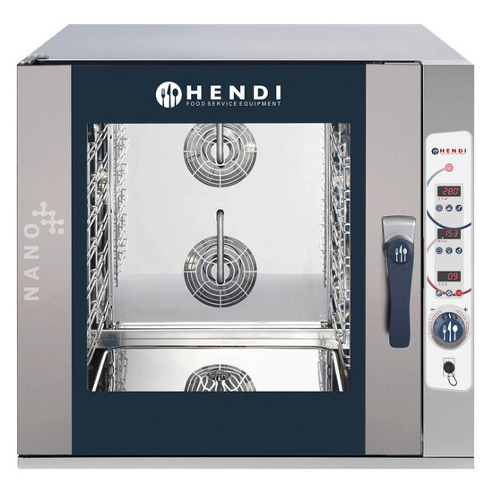 Cuptor convectie cu umidificare HENDI NANO, capacitate 7 tavi x GN 1/1, 2 elemente incalzire, 2 ventilatoare reversibile, control digital, termostat reglabil, 50-260 gr C, timer 0 - 120 min, 10800 W, 920x834x(H)859 mm