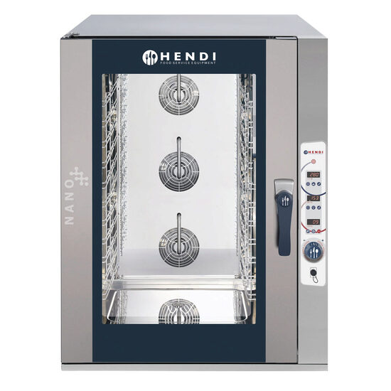 Cuptor convectie cu umidificare HENDI NANO, capacitate 12 tavi x GN 1/1, 2 elemente incalzire, 2 ventilatoare reversibile, control digital, termostat reglabil, 50-260 gr C, timer 0 - 120 min, 16100 W, 920x834x(H)1195 mm