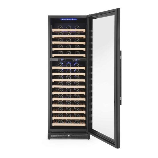 Racitor de vin cu zona dubla, 15 rafturi din lemn, capacitate 166 sticle, 420 Litri, iluminare cu LED, interval temp. 4/20 C, 185 W, corp inox, ARKTIC by Hendi, 595x720x(H)1820 mm, Clasa energetica G