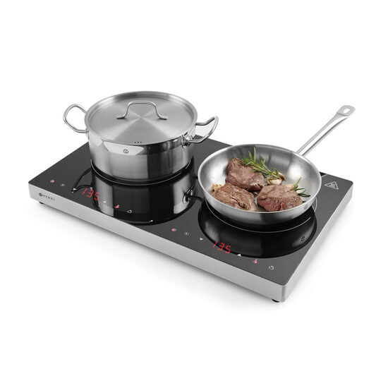Plita dubla cu inductie profesionala, 3500W, control digital incorporat in suprafata din sticla ceramica, termostat 60-240°C, timer 0-180 min, functie boost, corp inox, ?Hendi Display Line, 608x370x(H)61 mm?