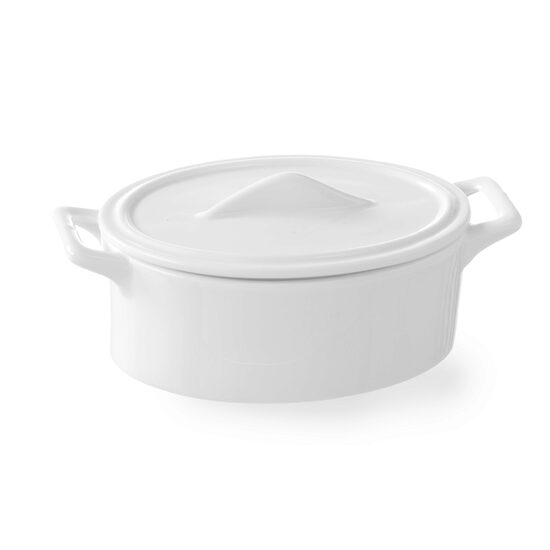 Vas oval cu capac, portelan alb super-rezistent pana la 600 gr C, 183x110x(H)78 mm, Hendi