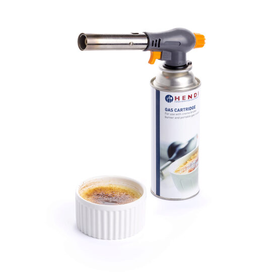 Set promotional arzator profesional Creme-Brulee + butelie gaz 200gr, poate fi utilizat din orice unghi, aprindere piezo-electrica, Hendi
