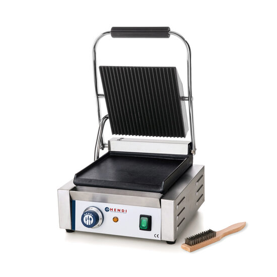 Contact grill profesional, partea superioara striata, partea inferioara neteda, 1800W, termostat 0-300 gr C, suprafata grill 22 x 23 cm, dimensiuni 29x37x(H)21 cm, Hendi