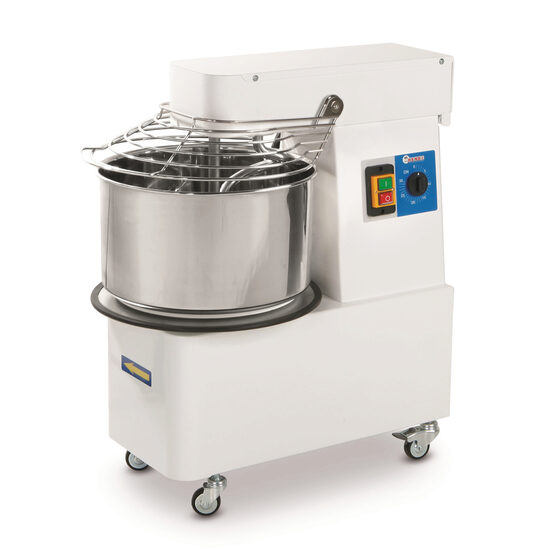Mixer profesional spirala cu vas fix, 1 viteza, echipat cu roti pivotante vas, capac si spirala din inox 18/10 Hendi 20 litri 750 W, capacitate maxima de incarcare 17 kg, 630x400x(H)700 mm