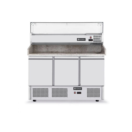 Masa frigorifica cu 3 usi, pentru pizza, cu vitrina ingrediente cu 6 tavi GN 1/4, 270+170 W, ARKTIC by Hendi, 140x70x(H)144.5 cm