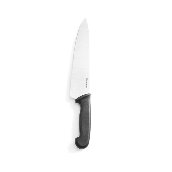 Cutitul bucatarului certificat igiena HACCP, Hendi, lungime lama inox 24 cm, grosime lama 2.5 mm, lungime cutit 38.5 cm, maner ergonomic negru
