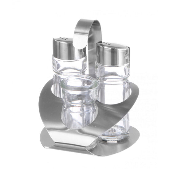 Set condimente / oliviera 3 piese, Hendi, 3 recipiente sticla pentru: sare, piper, suport scobitori