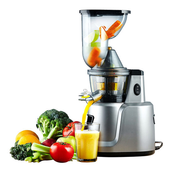 Storcator lent fructe si legume (slow juicer) + adaptor sita preparare creme inghetata, supe creme, mancare bebelusi, smoothies, Cookmania, corp inox, orificiu alimetare mare 75 mm, 2 containere x 1 lt, motor inductie puternic si sile
