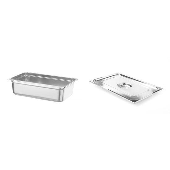 Pachet Tava Gastronorm GN 1/1, adancime 150 mm, 19.8 litri, gama Hendi Profi Line, otel inoxidabil plus capac Hendi Gastronorm fara fanta pentru lingura servire GN 1/1