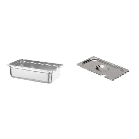 Pachet Tava Gastronorm GN 1/1, adancime 150 mm, 19.8 litri, gama Hendi Profi Line, otel inoxidabil plus capac Hendi Gastronorm cu fanta pentru lingura servire GN 1/1 