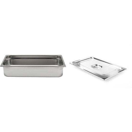 Pachet Tava Hendi Gastronorm GN 1/1 100 mm 13.2 lt - gama Profi Line, otel inoxidabil plus Capac Hendi Gastronorm fara fanta pentru lingura servire GN 1/1 - gama Profi Line, otel inoxidabil