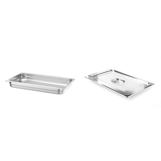 Pachet Tava Gastronorm GN 1/1 65 mm 8.6 litri, gama Hendi Profi Line, otel inoxidabil plus capac Hendi Gastronorm fara fanta pentru lingura servire GN 1/1