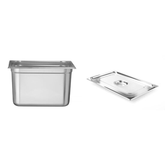 Pachet Tava Hendi Gastronorm GN 1/2 200 mm 12,5 lt - gama Profi Line, otel inoxidabil plus Capac Hendi Gastronorm fara fanta pentru lingura servire GN 1/2 - gama Profi Line, otel inoxidabil