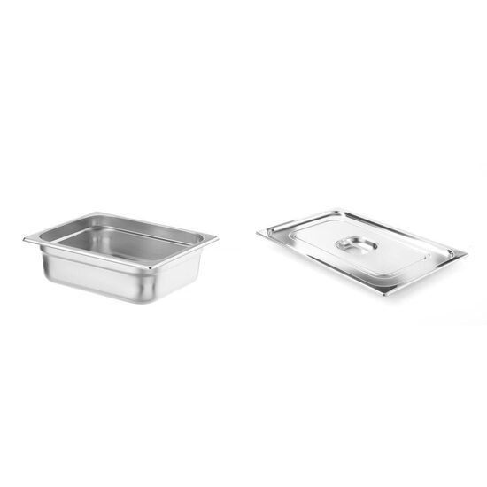 Pachet Tava Hendi Gastronorm GN 1/2 H (100 mm) 6.5 lt - gama Profi Line, otel inoxidabil plus Capac Hendi Gastronorm fara fanta pentru lingura servire GN 1/2 - gama Profi Line, otel inoxidabil