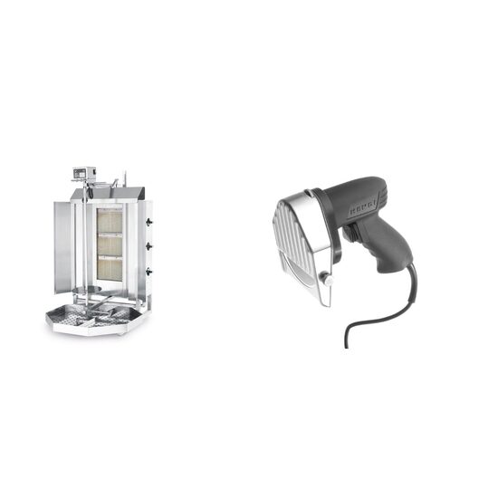 Pachet Kebab Grill Profi Line pe gaz , cu 3 arzatoare, dimensiune maxima rola carne 400x(H)510 mm, 470x550x(H)960, 9.75 KW, Inox, maxim 40 kg carne plus Cutit electric kebab Hendi -  Kitchen Line