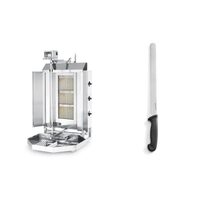 Pachet Kebab Grill Profi Line pe gaz , cu 3 arzatoare, dimensiune maxima rola carne 400x(H)510 mm, 470x550x(H)960, 9.75 KW, Inox, maxim 40 kg carne plus Cutit sunca/somon certificat igiena HACPP, Hendi, lama inox 35 cm, lungime cutit 49 cm, maner negru