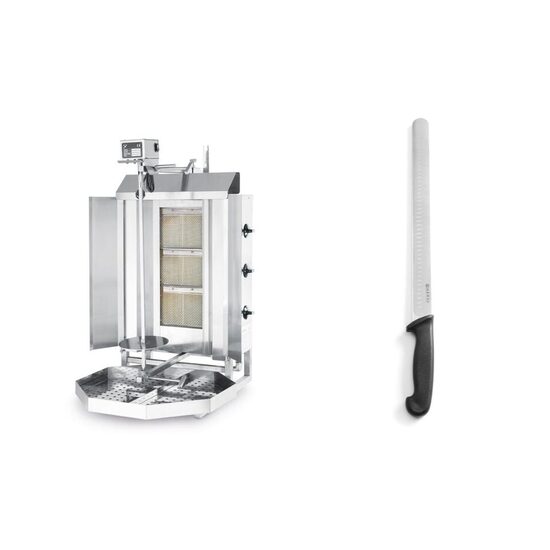 Pachet Kebab Grill Profi Line pe gaz , cu 3 arzatoare, dimensiune maxima rola carne 400x(H)510 mm, 470x550x(H)960, 9.75 KW, Inox, maxim 40 kg carne plus Cutit sunca/somon certificat igiena HACPP, Hendi, lama inox 35 cm, lungime cutit 49 cm, maner negru