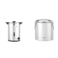 Pachet Boiler profesional pentru bauturi calde, Hendi, 2250 W, 20 L, Temp 30 - 100 C , Argintiu, sistem inchidere "Twist-lock", Inox, 360x380x(H)598 mm plus Container transport alimente,31L, inox, HENDI, Ø400x(H)445mm