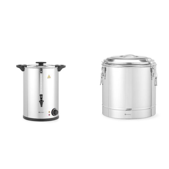 Pachet Boiler profesional pentru bauturi calde, Hendi, 2250 W, 20 L, Temp 30 - 100 C , Argintiu, sistem inchidere "Twist-lock", Inox, 360x380x(H)598 mm plus Container transport alimente,31L, inox, HENDI, Ø400x(H)445mm