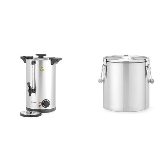 Pachet Boiler pentru bauturi calde cu pereti dubli Hendi, 1300 W, 10 L, Temp 30 - 100?C , Argintiu, sistem inchidere "Twist-lock", Inox, 310x330x(H)490 mm plus Container transport alimente,22L, inox, HENDI Smart, Ø330x(H)360mm