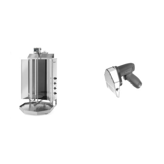 Pachet Kebab grill electric, Hendi, Profi Line, tija 89 cm, pt max 60 kg carne, 400V/7200 W, 550X700X(H)1120 mm plus Cutit electric kebab fara fir, 80W, capacitate lucru 60 kg/ora, Hendi Kitchen Line, 199x114x(H)184 mm