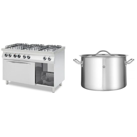 Pachet Masina de gatiti cu 6 arzatoare gaz si cuptor electric GN 1/1, HENDI Smart, 230V/3000W, 25500kW,1200x700x(H)900mm plus Oala medie cu capac, 14 Lit, 30 cm diametru x 20 cm inaltime, profesionala Buget Line Hendi