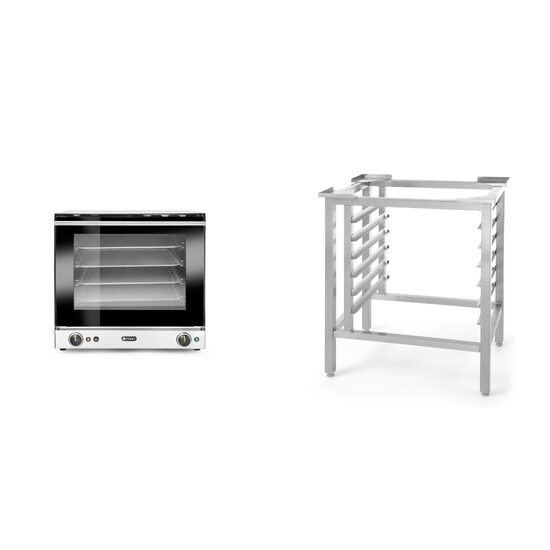 Pachet Cuptor convectie cu umidificare Hendi H90S, 4 tavi 438x315 mm incluse, 2 elemente incalzire, 2 ventilatoare, termostat reglabil 50-300 gr C, timer 0-120 min, 2670W, 595x595x(H)570 mm plus Suport podea pentru cuptor H90/ H90S, Hendi, Inox, dimensiun