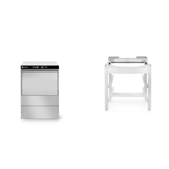 Pachet Masina profesionala de spalat vase 40 x 40 Hendi Inox 3 cicluri de spalare 470x510(+320)x(H)710 mm 2.8 kW plus Suport podea pentru masina de spalat vase, Inox Hendi 470x500x(H)500 mm
