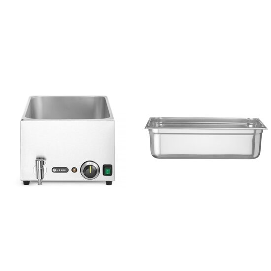 Pachet Vas Bain-marie Hendi Kitchen Line cu robinet de scurgere GN 1/1 150 mm, 1200 W plus Tava Gastronorm GN 1/1, adancime 150 mm, 19.8 litri, gama Hendi Profi Line, otel inoxidabil