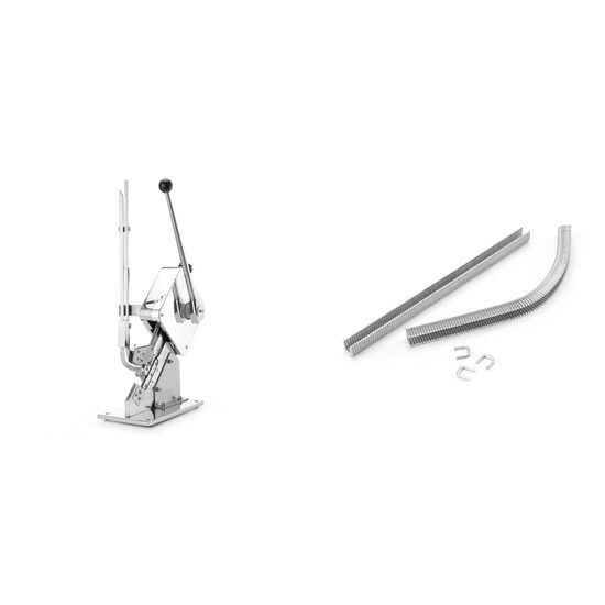 Pachet Masina de capsat cu 1000 capse incluse, dimensiune 150x350x500(h)mm plus Set 2000 de cleme pentru aparat profesional de capsare sau sigilare mezeluri