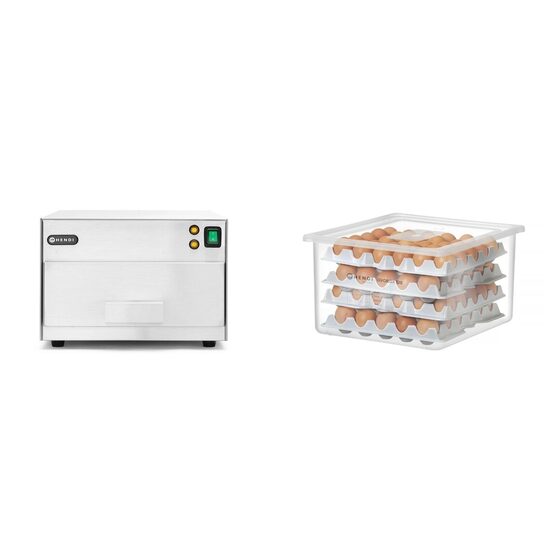 Pachet Sterilizator profesional cu UV, Hendi, 78 W, ideal pt oua, capacitate 30 oua, timp sterilizare 150 sec, corp inox plus OVOBOX 120 HENDI - recipient oua GN2/3 + 8 tavi pentru oua, 18L, 355x325x(H)200mm