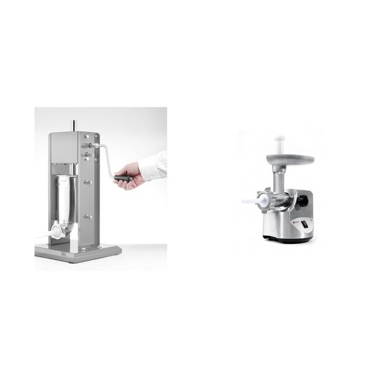 Pachet Aparat profesional umplut carnati, HENDI Smart, 3 lt, 2 viteze umplere, 3 palnii incluse plus Masina de tocat carne, 2 discuri taiere incluse 4 si 7 mm, 3 accesorii umplere carnati 12, 15, 20 mm, Hendi 198, corp aluminiu, palnie fonta, 400W