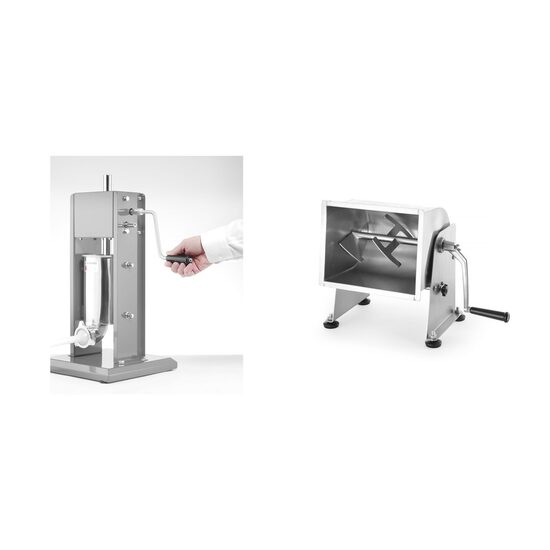 Pachet Aparat profesional umplut carnati, HENDI Smart, 3 lt, 2 viteze umplere, 3 palnii incluse plus Malaxor manual pentru carne basculant , otel inoxidabil, 11L ,240x460x(H)410