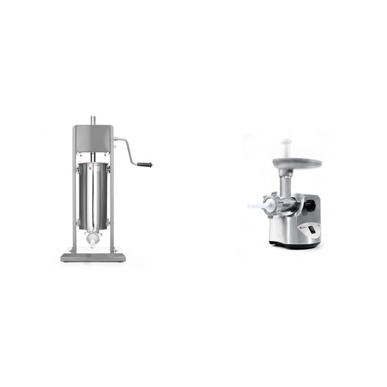 Pachet Aparat profesional pentru umplut carnati, HENDI Smart, 5 lt, sistem umplere cu 2 viteze, inclus set 3 palnii, 30x34x(H)69 cm plus Masina de tocat carne, 2 discuri taiere incluse 4 si 7 mm, 3 accesorii umplere carnati 12, 15, 20 mm, Hendi 198, corp 