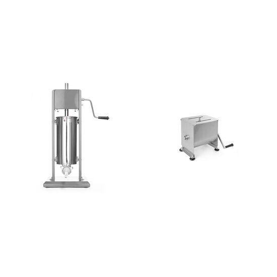 Pachet Aparat profesional pentru umplut carnati, HENDI Smart, 5 lt, sistem umplere cu 2 viteze, inclus set 3 palnii, 30x34x(H)69 cm plus Aparat manual Hendi pentru mixare/amestecare carne pentru carnati, capacitate 18 L, 7kg, inox AISI 304, 580x250x(H)415