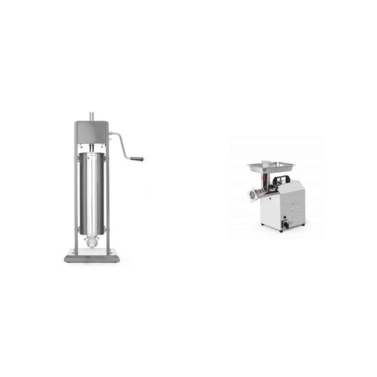 Pachet Aparat profesional pentru umplut carnati, HENDI Smart, 7 lt, sistem umplere cu 2 viteze, inclus set 3 palnii, 30x34x(H)83 cm plus Masina de tocat carne, Hendi, Profi Line, 230V/300W, 250x370x(H)490mm