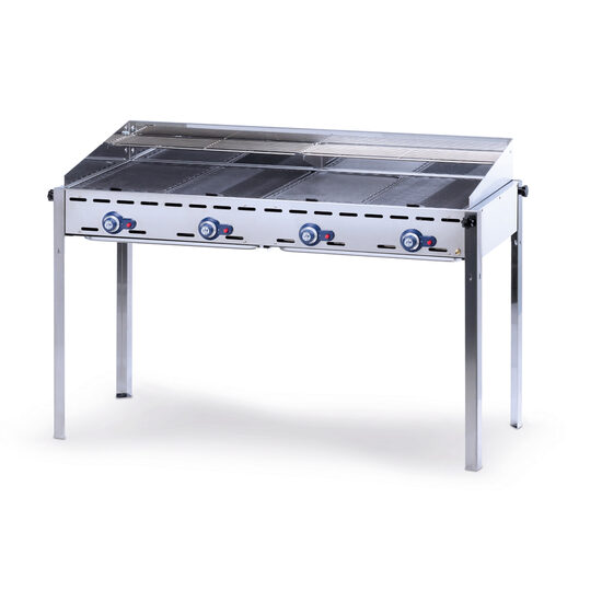Grill Hendi barbecue Green Fire 4 arzatoare, Inox, alimentare gaz, 22 kW, echipat cu panou anti-vant din inox, picioare detasabile, 1400x612x(H)825 mm