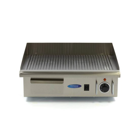 Gratar electric profesional Maxima, Inox, suprafata striata 550x450mm, putere 3000 W, termostat reglabil: 0 ° C pana la 300 °C, 550x450x230 mm