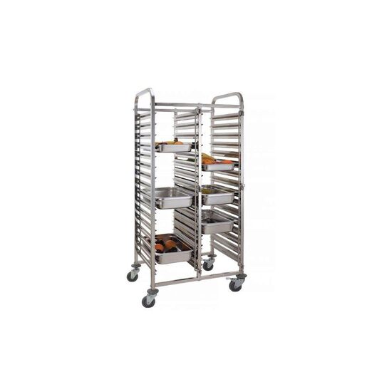 Carucior pentru debarasare tavi, cu roti, capacitate dubla 2 x 15 tavi GN 1/1 (530x325 mm), Hendi, compact, din inox, 798x610x(H)1710mm